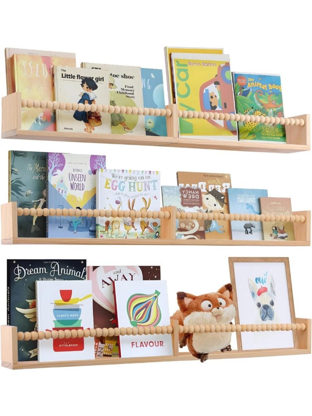 32-Inch Beaded Nursery Wall Shelves Set of 3 - Space-Saving Book Storage for